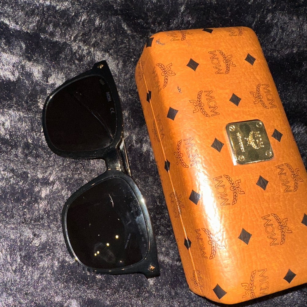MCM MCM720SLB 005 Sunglasses Women's Black/Cognac Visetos/Grey Square Shape 54mm